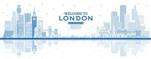 esquema bienvenido al horizonte de londres inglaterra con edificios azules y reflejos. vector