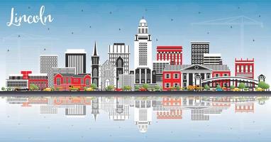 Lincoln Nebraska City Skyline with Color Buildings, Blue Sky and Reflections. vector