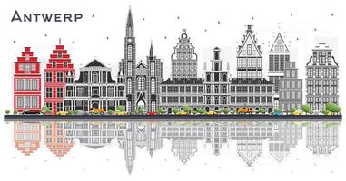 horizonte de la ciudad de amberes bélgica con edificios grises y reflejos aislados en blanco. vector