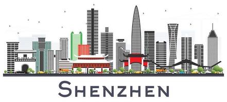 Shenzhen China City Skyline with Color Buildings Isolated on White. vector