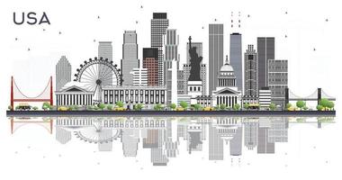 USA City Skyline with Gray Buildings and Reflections Isolated on White. vector