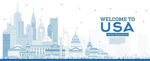 Outline Welcome to USA Skyline with Blue Buildings. Famous Landmarks in USA. vector