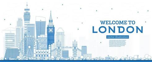 Outline Welcome to London England Skyline with Blue Buildings. vector