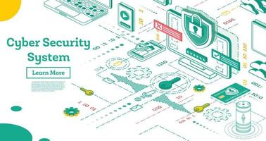 Outline Cyber Security Concept. Isometric Illustration Isolated on White. vector