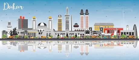 Dakar Senegal City Skyline with Color Buildings, Blue Sky and Reflections. vector