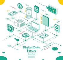 concepto isométrico de ciberseguridad. big data y sistema de seguridad en internet. conjunto de iconos vector