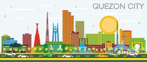 Quezon City Philippines City Skyline with Color Buildings and Blue Sky. vector