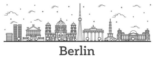 delinear el horizonte de la ciudad de berlín alemania con edificios históricos aislados en blanco. vector