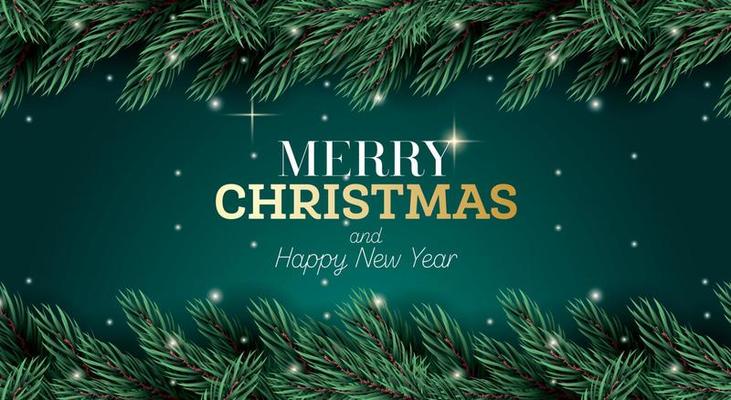 Greeting Card with Fir Branch and Neon Lights on Green Background.