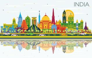 horizonte de la ciudad india con edificios de color, cielo azul y reflejos. vector