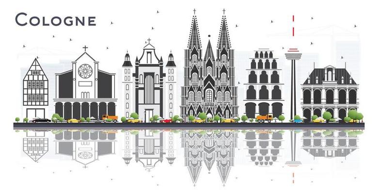 Cologne Germany City Skyline with Gray Buildings and Reflections Isolated on White.
