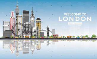 Welcome to London England Skyline with Gray Buildings, Blue Sky and Reflections. vector