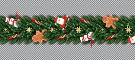 Border with Santa Claus, Christmas Tree Branches, Golden Stars, Red Rockets, Snowman and Gingerbread Man vector