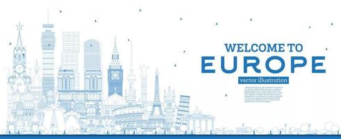 Outline Welcome to Europe Skyline with Blue Buildings. vector