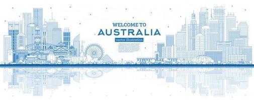 Outline Welcome to Australia Skyline with Blue Buildings and Reflections. vector