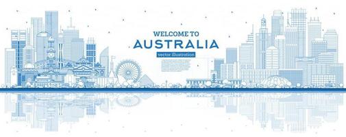 Outline Welcome to Australia Skyline with Blue Buildings and Reflections. vector