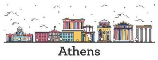 delinear el horizonte de la ciudad de atenas grecia con edificios de color aislados en blanco. vector