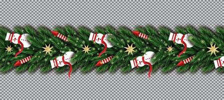 frontera con muñeco de nieve, ramas de árboles de Navidad, estrellas doradas y cohetes rojos sobre fondo transparente. vector