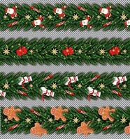 Border Set with Santa Claus, Gingerbread Man, Christmas Tree Branches, Golden Stars, Red Rockets, Snowman and Red Bow. vector