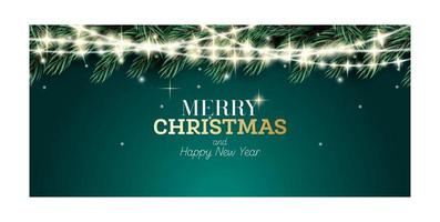 Fir Branch with Neon Garland on Green Background. Merry Christmas and Happy New Year. vector