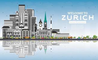 bienvenido al horizonte de zurich suiza con edificios grises, cielo azul y reflejos. vector