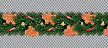 frontera con hombre de pan de jengibre, ramas de árboles de Navidad, estrellas doradas y cohetes rojos sobre fondo transparente. vector