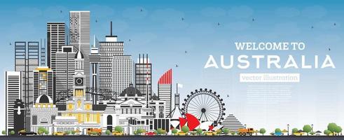 Welcome to Australia Skyline with Gray Buildings and Blue Sky. vector