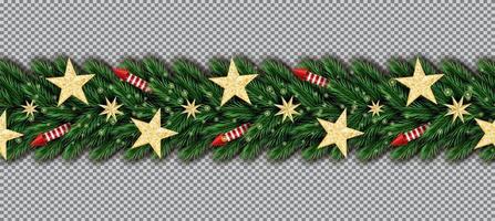 Christmas Border with Golden Glitter Stars, Christmas Tree Branches and Red Rockets on Transparent Background. vector