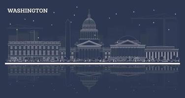 Outline Washington DC Skyline with White Buildings and Reflections. vector