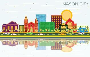 Mason City Iowa Skyline with Color Buildings, Blue Sky and Reflections. vector