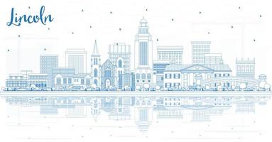 Outline Lincoln Nebraska City Skyline with Blue Buildings and Reflections. vector