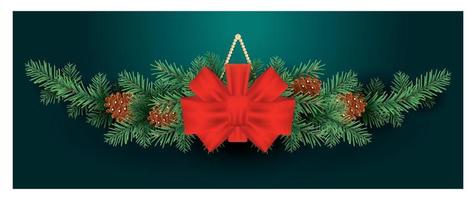 Christmas Decoration with Red Bow on Fir Tree Branches with Cones. Green Background. vector