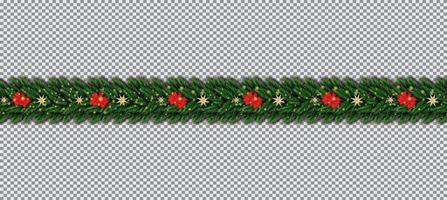 Border with Christmas Tree Branches, Red Bow and Golden Stars on Transparent Background. vector