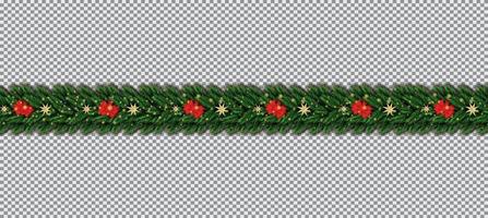 Border with Christmas Tree Branches, Red Bow and Golden Stars on Transparent Background. vector