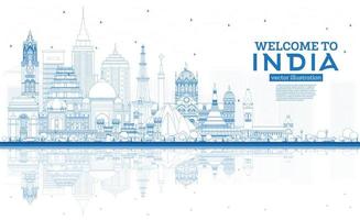 Outline Welcome to India City Skyline with Blue Buildings and Reflections. vector