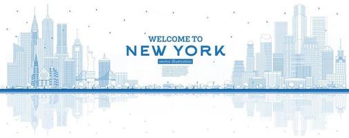 Outline Welcome to New York USA Skyline with Blue Buildings and Reflections. vector