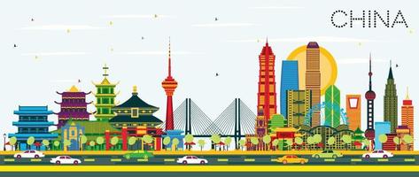 China City Skyline with Color Buildings. Famous Landmarks in China. vector