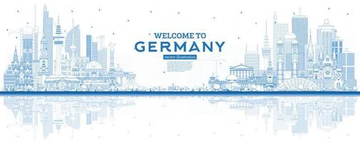 Outline Welcome to Germany Skyline with Blue Buildings and Reflections. vector