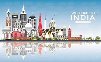 Welcome to India City Skyline with Color Buildings, Blue Sky and Reflections. vector