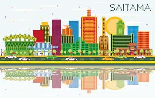 Saitama Japan City Skyline with Color Buildings, Blue Sky and Reflections. vector