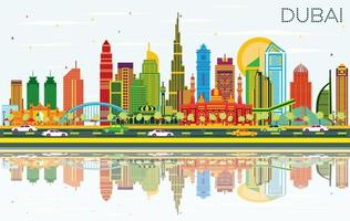horizonte de la ciudad de dubai emiratos árabes unidos con edificios de color, cielo azul y reflejos. vector