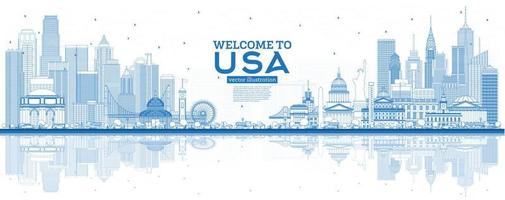Outline Welcome to USA Skyline with Blue Buildings and Reflections. vector