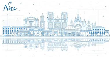 Outline Nice France City Skyline with Blue Buildings and Reflections. vector