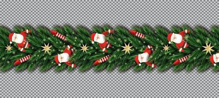 frontera con santa claus, ramas de árboles de navidad, estrellas doradas y cohetes rojos sobre fondo transparente. vector