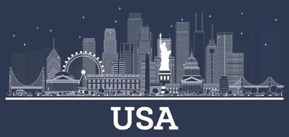 Outline USA City Skyline with White Buildings. vector