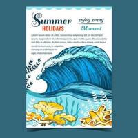 Marine Wave And Undersea Plants On Poster Vector