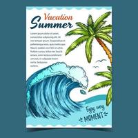 Sea Wave, Seaweed And Palm Trees Banner Vector