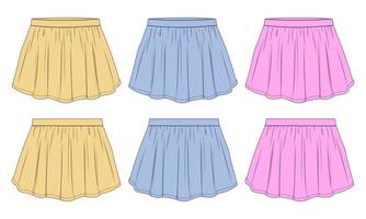 Female pleated skirt technical fashion Flat sketch vector template Front and back view