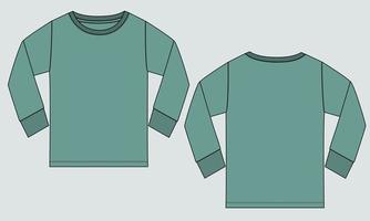 vista frontal y posterior de la plantilla de ilustración vectorial de dibujo plano de moda técnica de camiseta de manga larga. vector