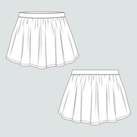 Female pleated skirt technical fashion Flat sketch vector template Front and back view